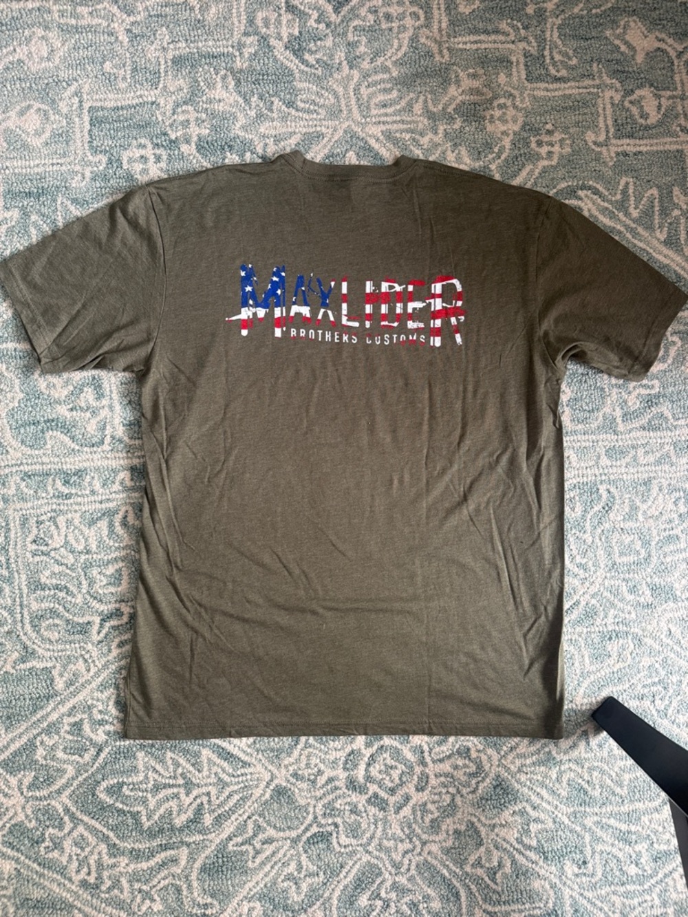 Next Level Apparel Olive Green Short Sleeve Ford custom Tee with Flag Graphic